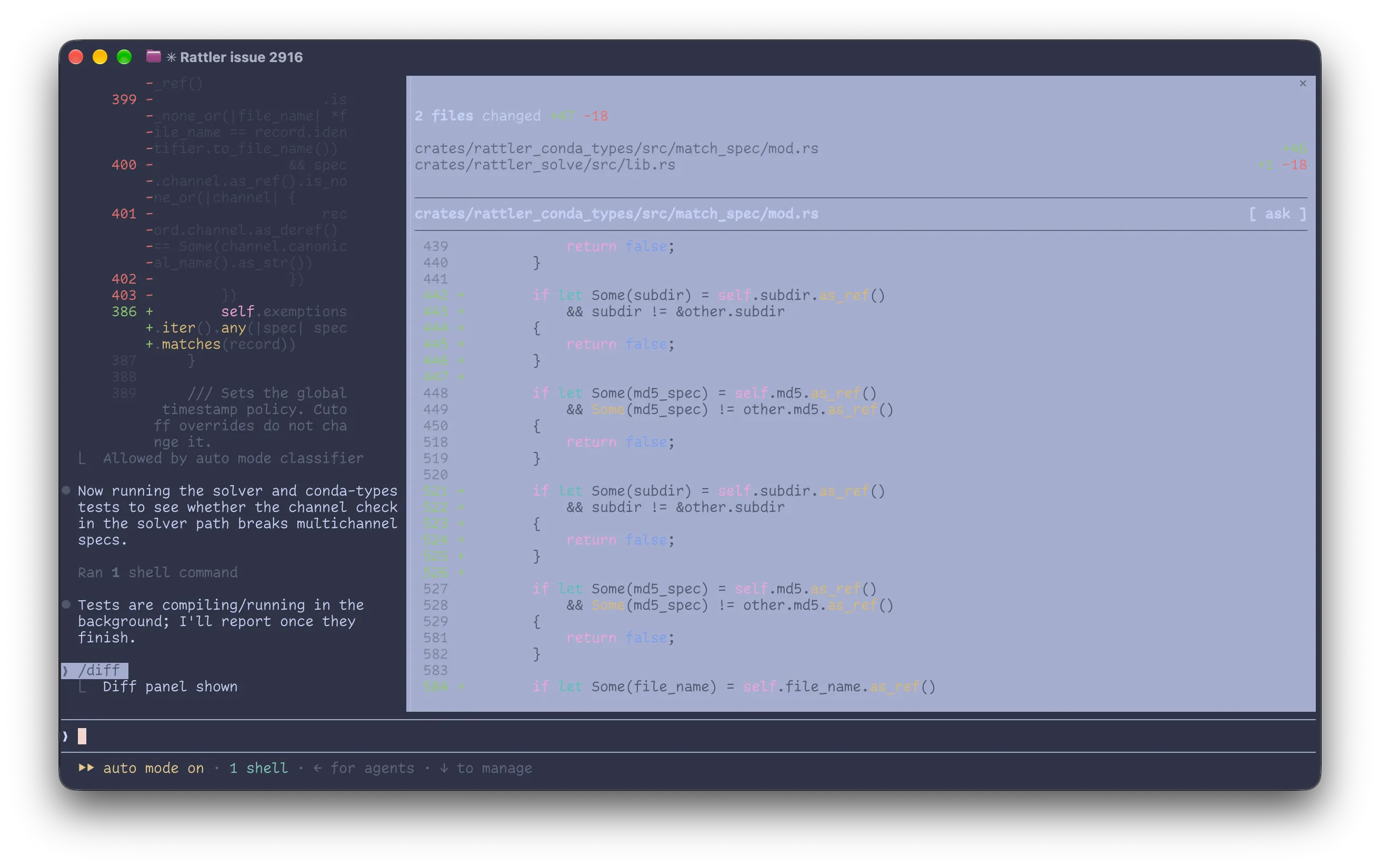 Claude Code's /diff panel in the terminal