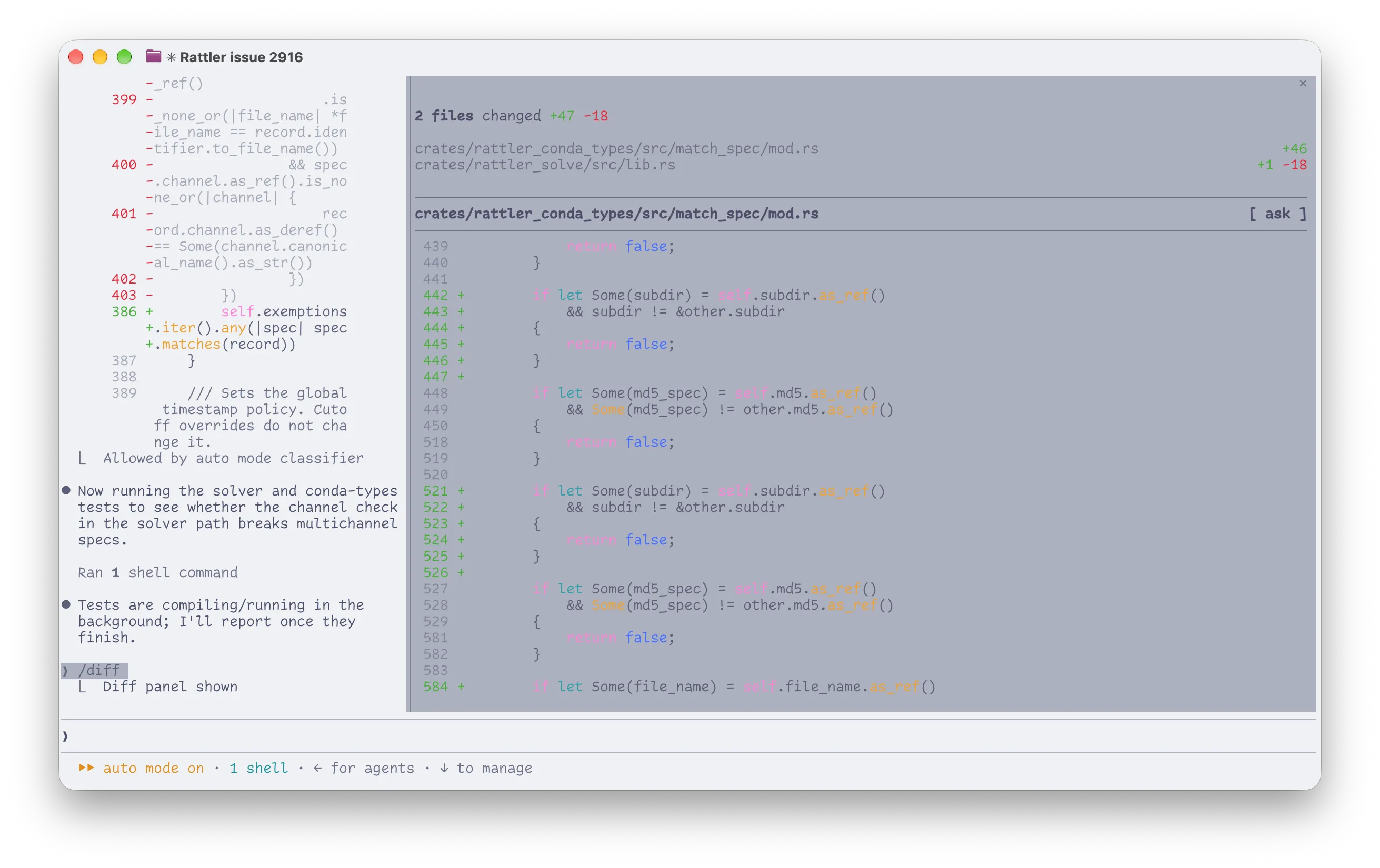 Claude Code's /diff panel in the terminal